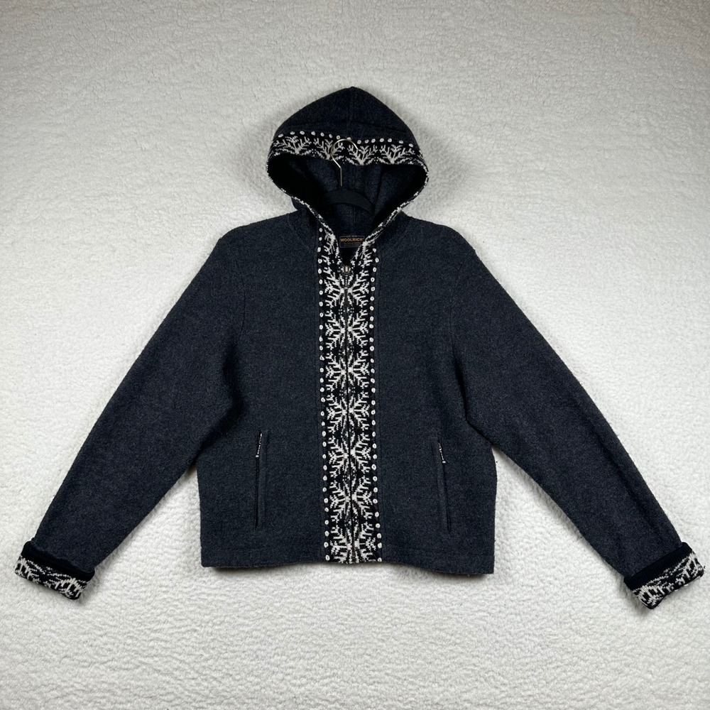 Woolrich Full Zip Hooded Sweater Snowflake Fair Isle Wool M Nordic Cottagecore